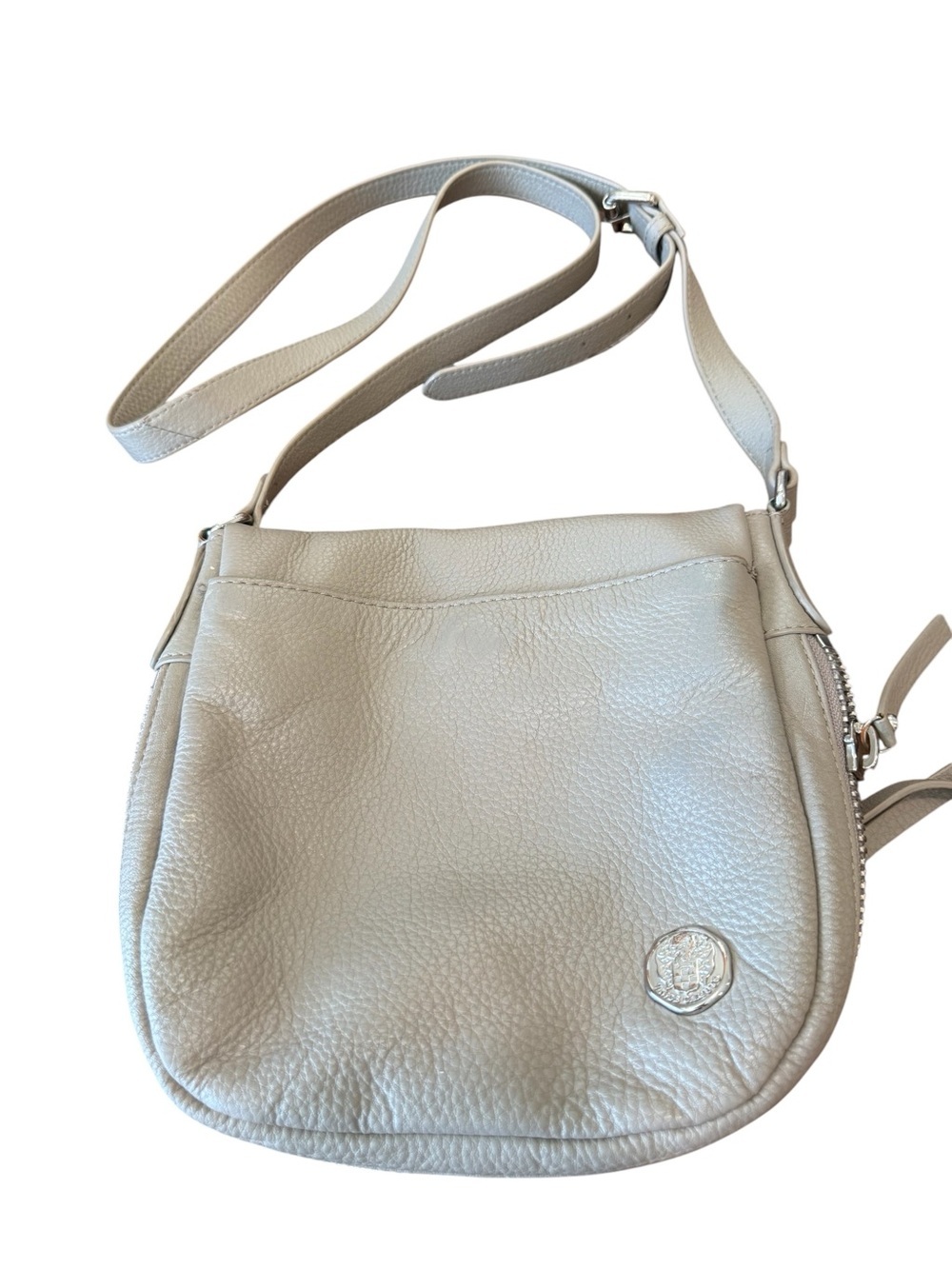 Vince Camuto Pebbled Leather Crossbody Bag Zipper Pockets Gray 9x9 Inch